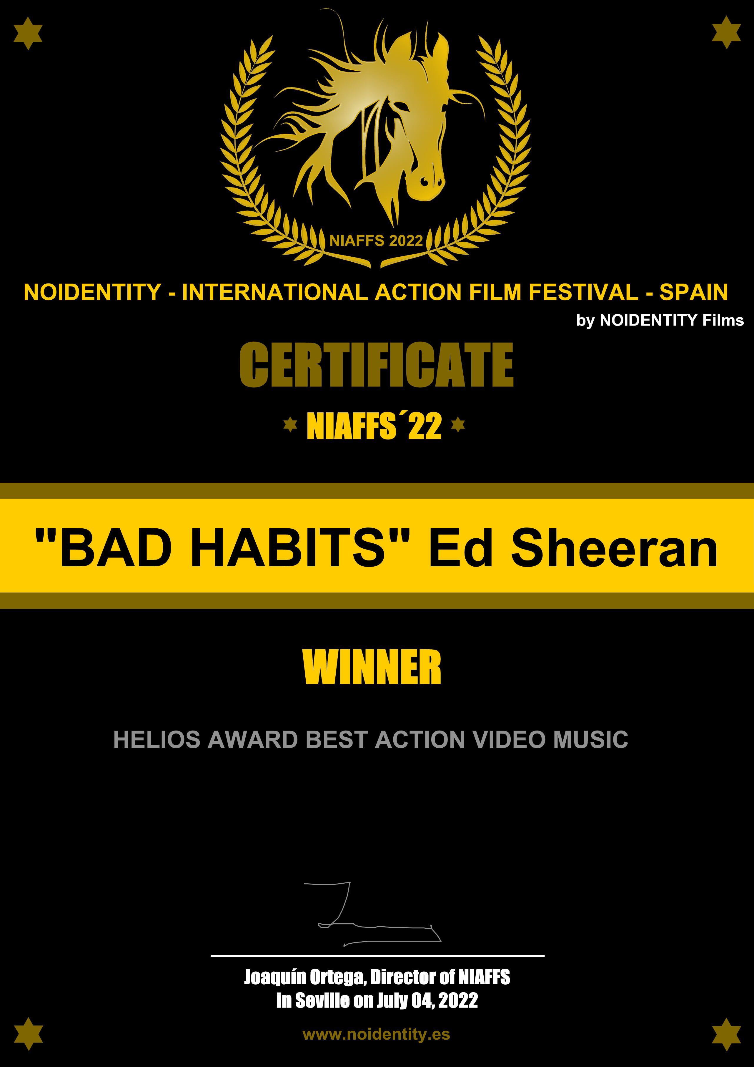 Certificado Bad habits. Ed Sheeran NIAFFS 2022